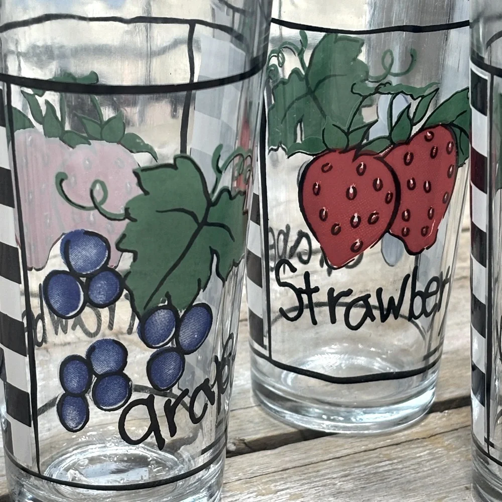 4 Vintage KIG Checkerboard Fruit Glasses. Numbered | Grape | Strawberry | Fruit